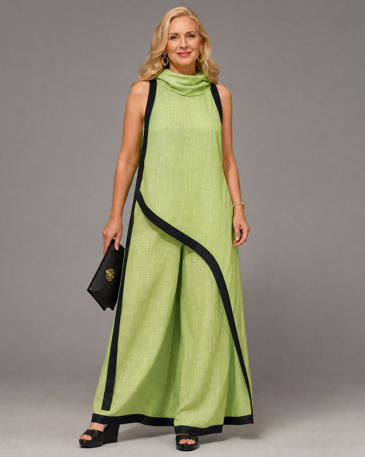 Valthera | Sleeveless Contrast-Trim Layered Top and Wide-Leg Trousers Set