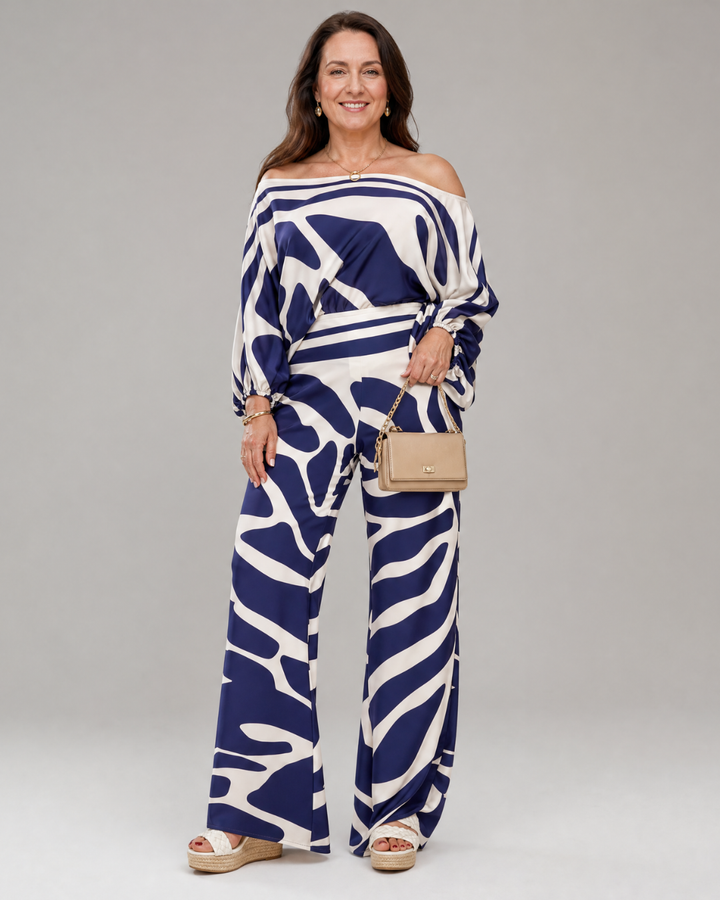 Sulaya | Off-Shoulder Abstract Print Top and Wide-Leg Trousers