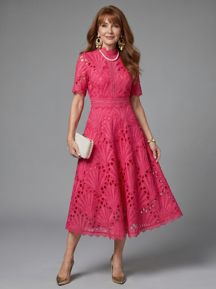 Juno | Short-Sleeve Fitted Eyelet Lace Midi Dress