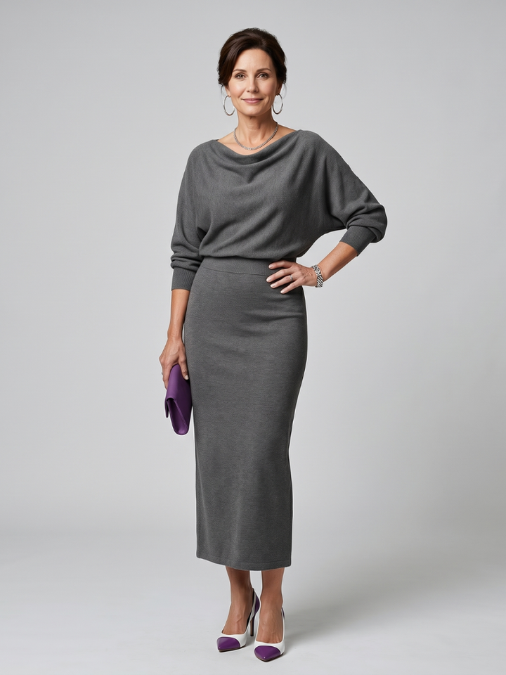 Romy | Fitted Midi Dress with Draped Neckline
