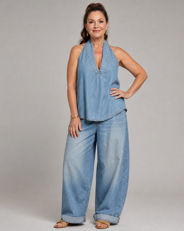Zorelle | Denim Halter Neck Top and Wide-Leg Trousers