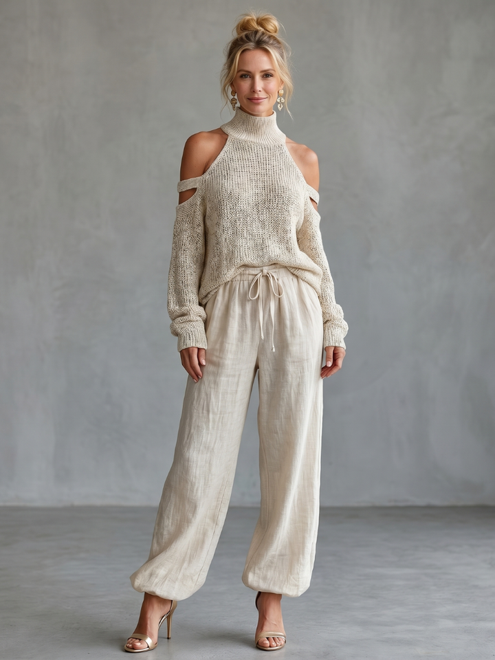 Questo | Off-Shoulder Knit Top and Wide-Leg Trousers Set