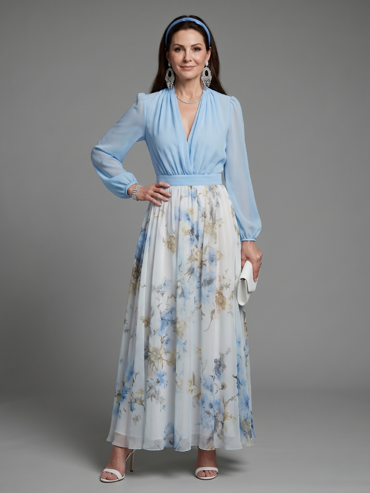 Augusta | Floral Maxi Dress with Sheer V-Neck Bodice