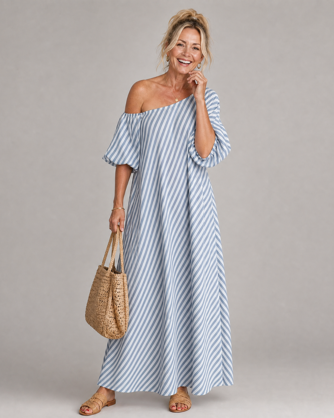 Zamrina | Striped Midi Dress with Off-Shoulder Ruffle Sleeves