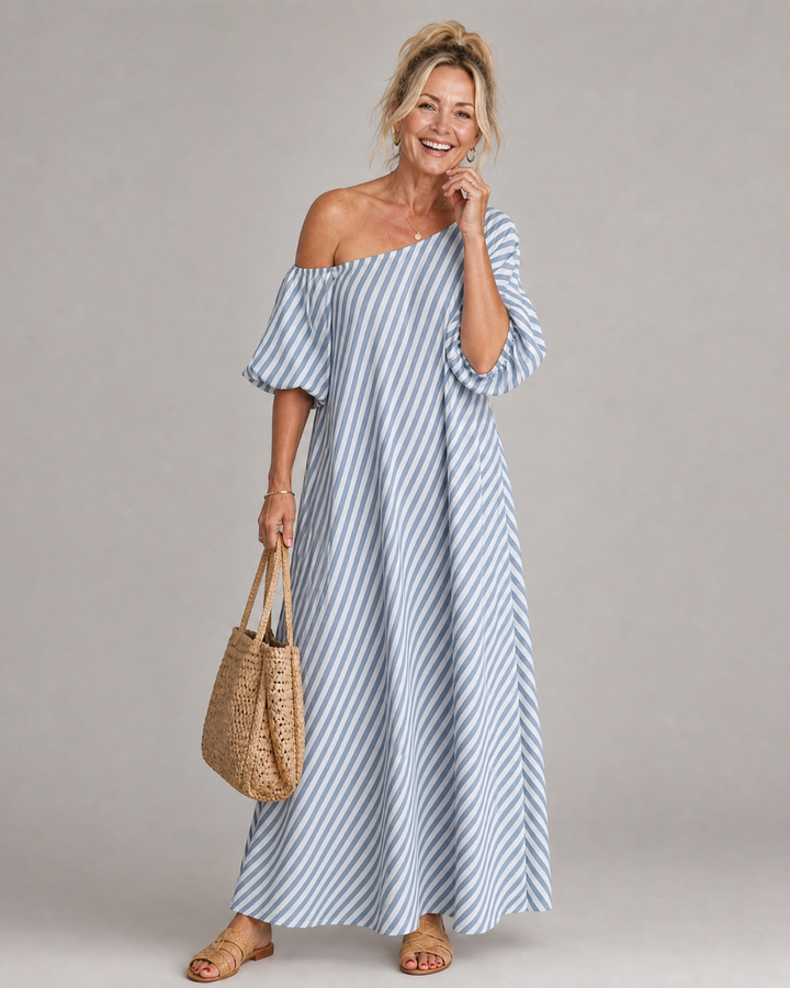 Zamrina | Striped Midi Dress with Off-Shoulder Ruffle Sleeves