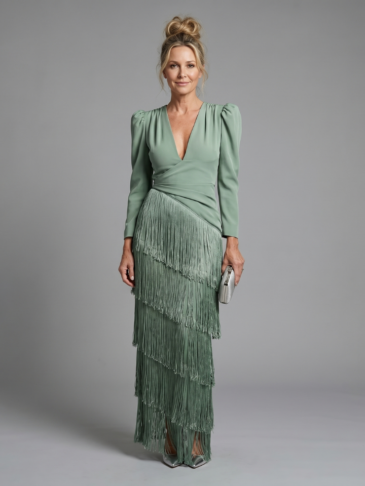 Samara | Long-Sleeve Midi Dress with Soft Fringe