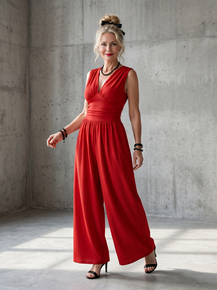 Vincenza | High Waist Deep V-Neck Wide-Leg Jumpsuit