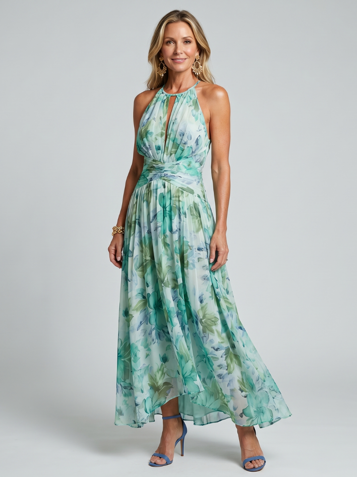 Portia | Pleated Halterneck Midi Dress with Floral Pattern