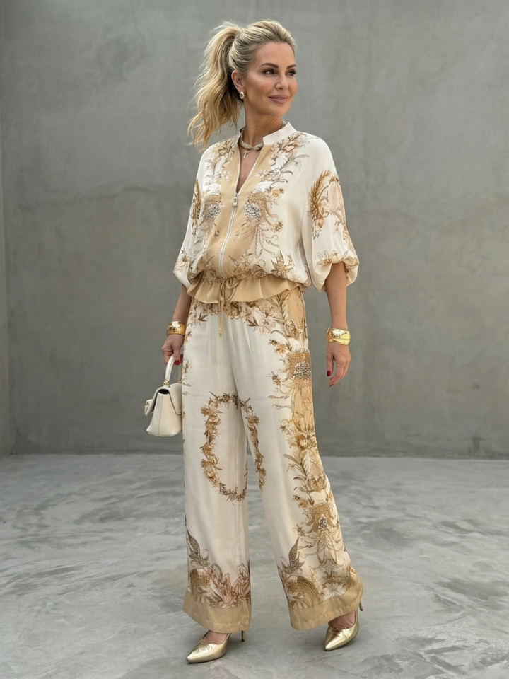 Indie | Printed Zip Front Blouson Top Two-Piece Set