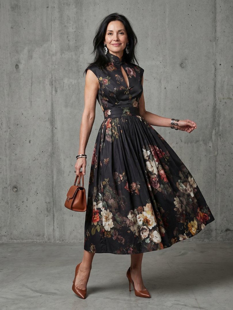 Greta | Pleated Floral High-Neck Keyhole Midi Dress