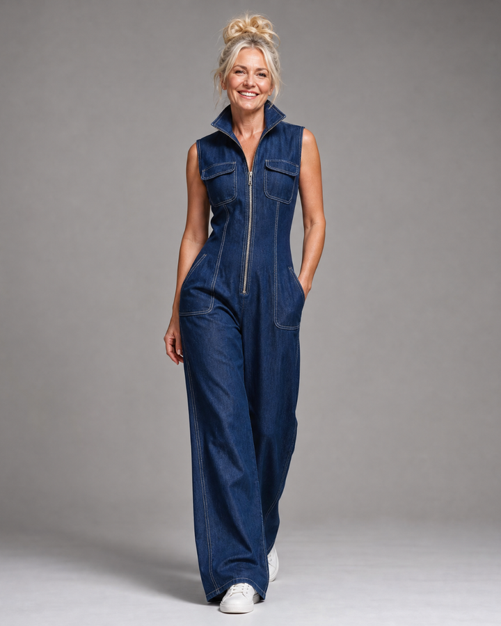 Samantha | Sleeveless Denim Front Zip Jumpsuit