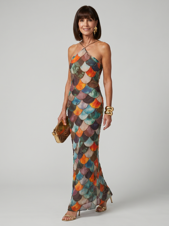 Larkin | Fitted Multicolour Scale Print Maxi Dress