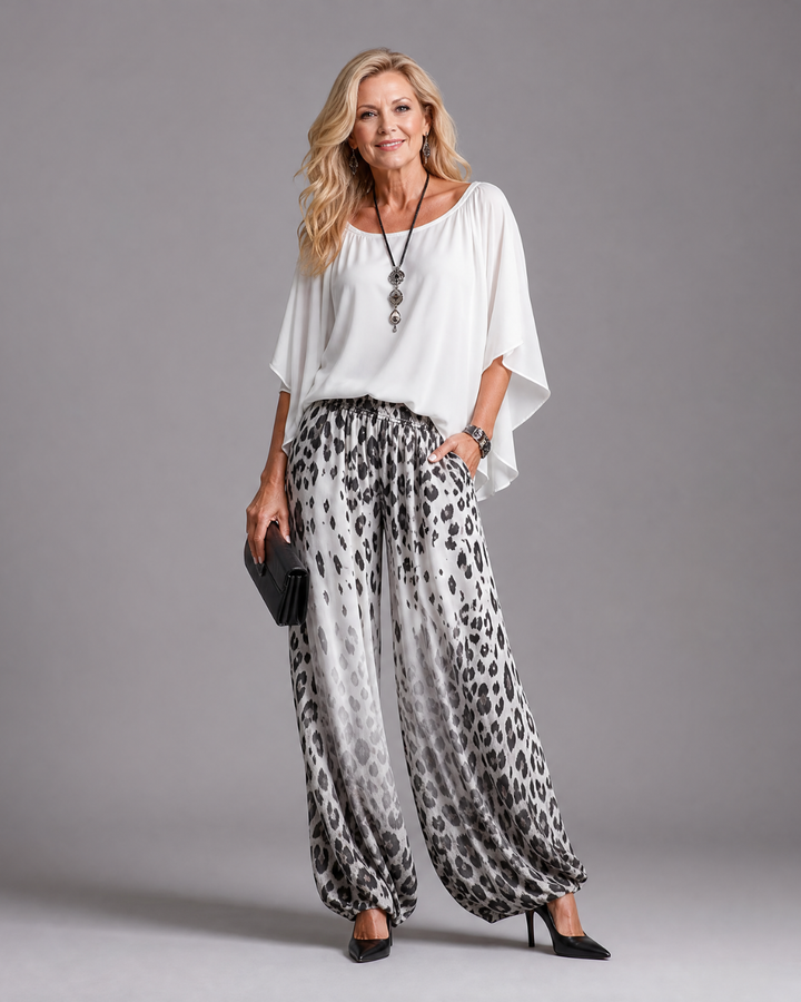 Zephyrel | Flowy Chiffon Top and Printed Wide-Leg Trousers Set