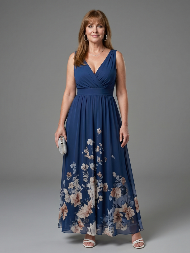 Clarissa | Sleeveless V-Neck Midi Dress with Soft Floral Hem