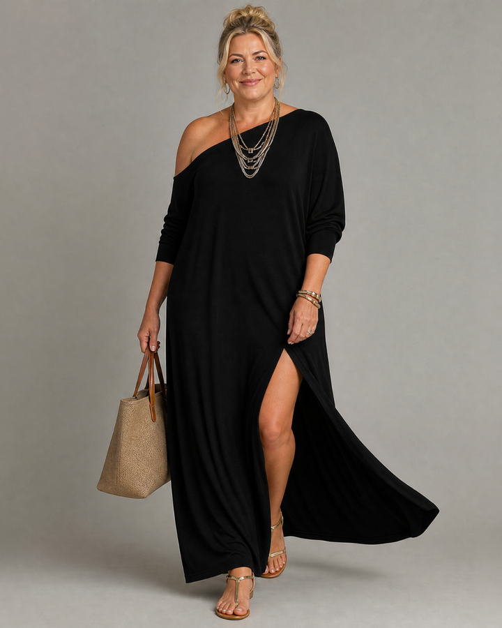 Asterelle | Off-Shoulder Flowy Midi Dress with Side Slit