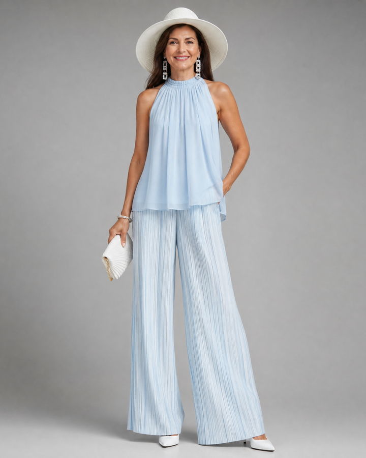 Sylmara | Halter Neck Flowy Top and Pleated Wide Trousers Set
