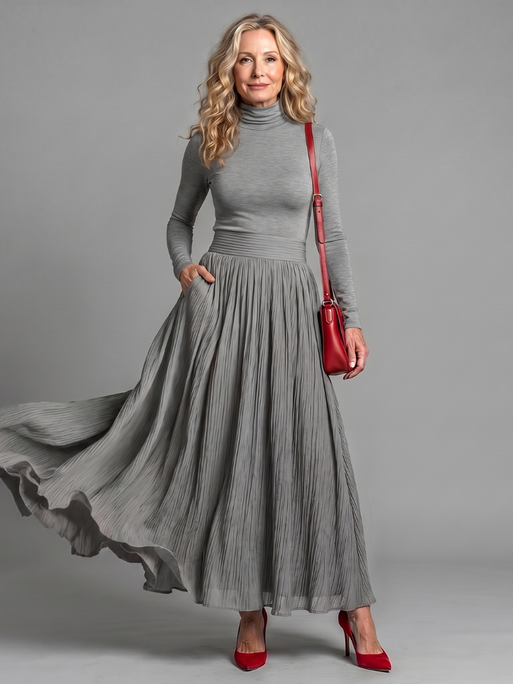 Lana | Long-Sleeve High-Neck Defined Waist Midi Dress