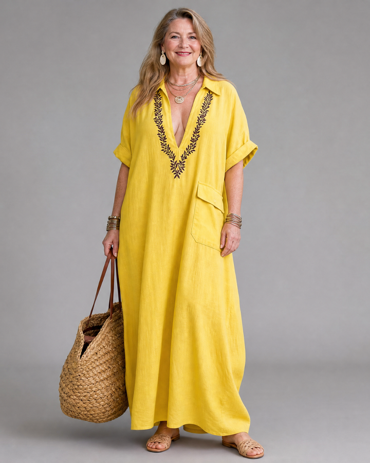 Elakeja | Relaxed Midi Dress with Pocket Detail and Embroidered V-Neck