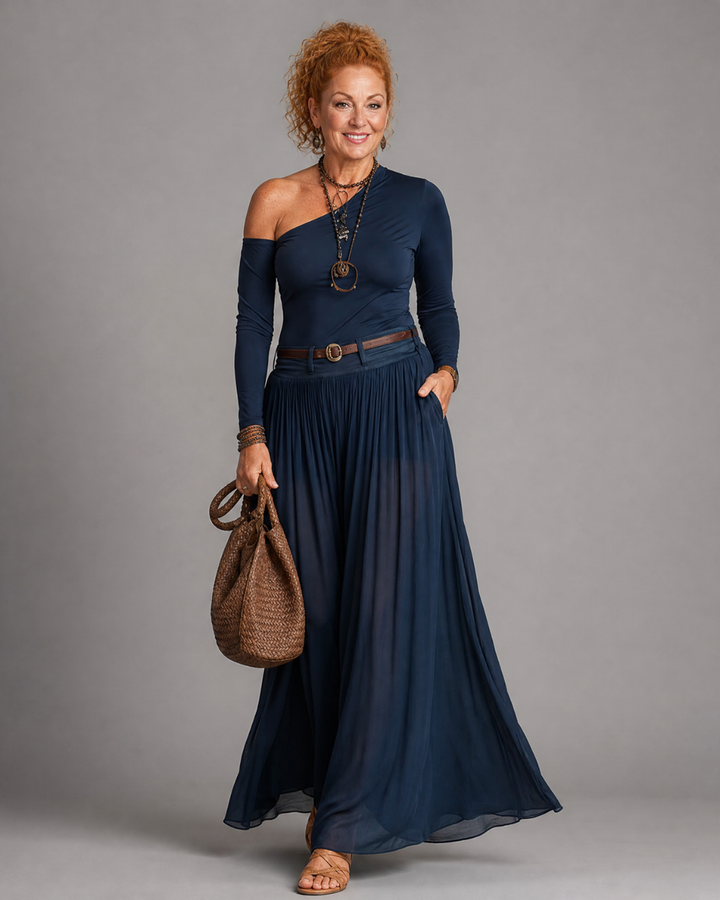 Nythera | One-Shoulder Fitted Top and Pleated Maxi Skirt Set