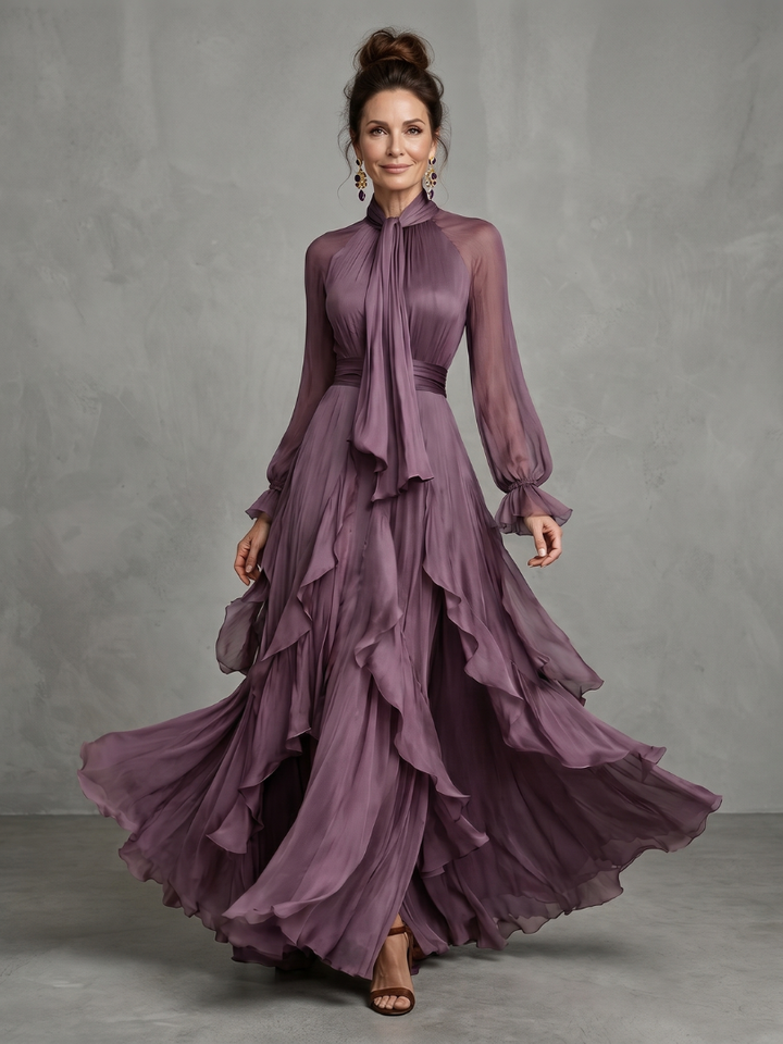 Demetria | Maxi Dress with Bow Collar and Tiered Stripes