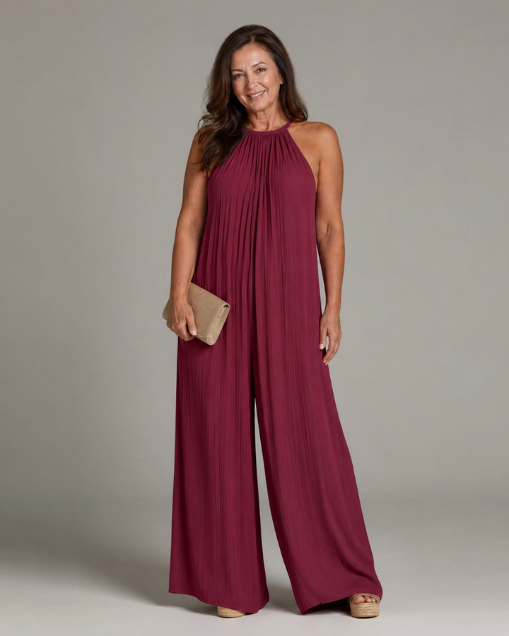 Sylvara | Relaxed Wide-Leg Pleated Halter Neck Jumpsuit
