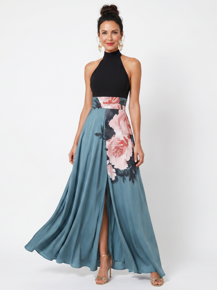 Olympas | Maxi Dress with Halter Bodice and Floral Skirt