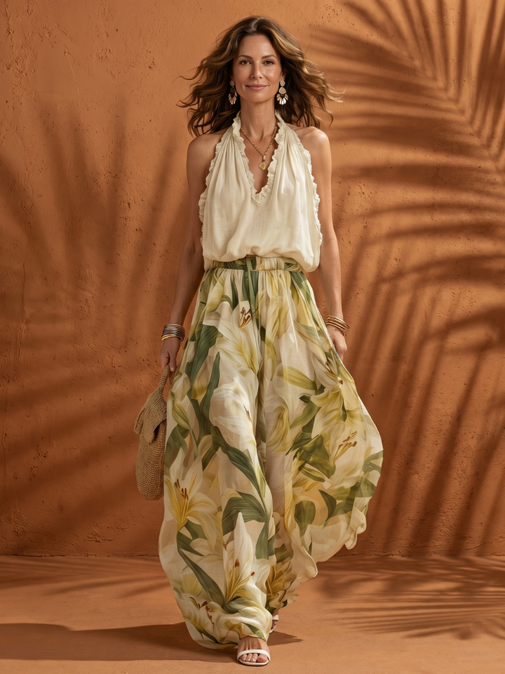 Solange | Halter Neck Blouse with Floral Wide-Leg Trousers