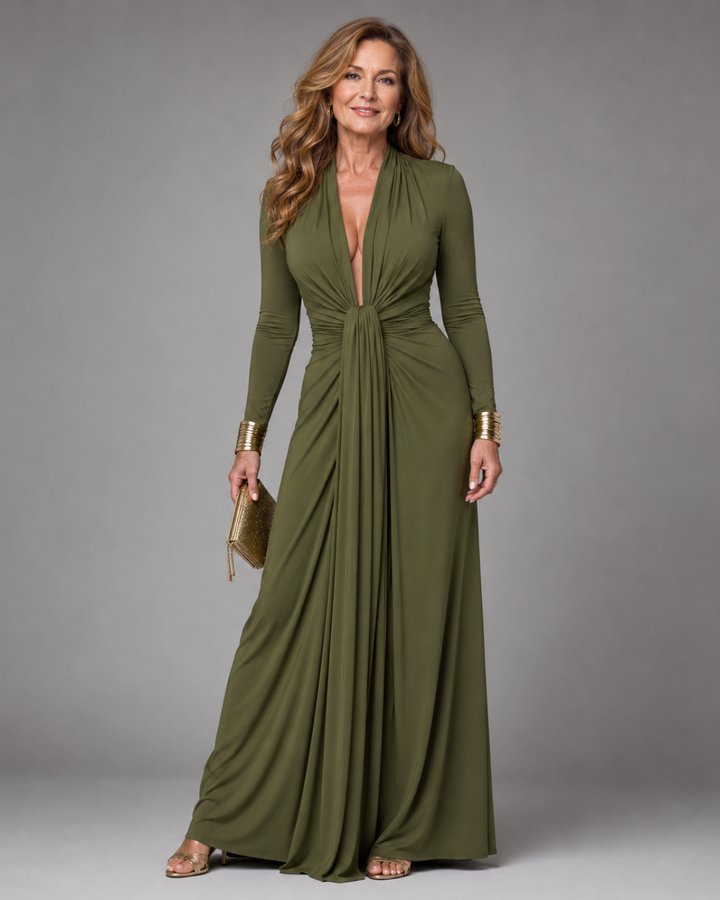 Vimmer | Long Sleeve Deep Draped V-Neck Maxi Dress