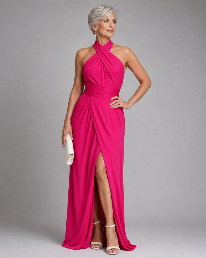 Vaelora | Midi Dress with Crossed Halter Neck and Side Slit