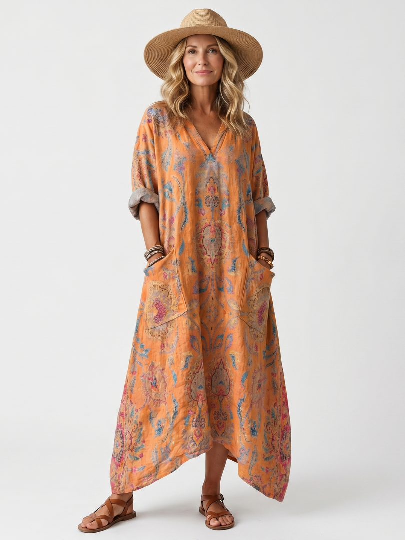 Bronte | Notch Neck Printed Oversized Pocket Midi Dress