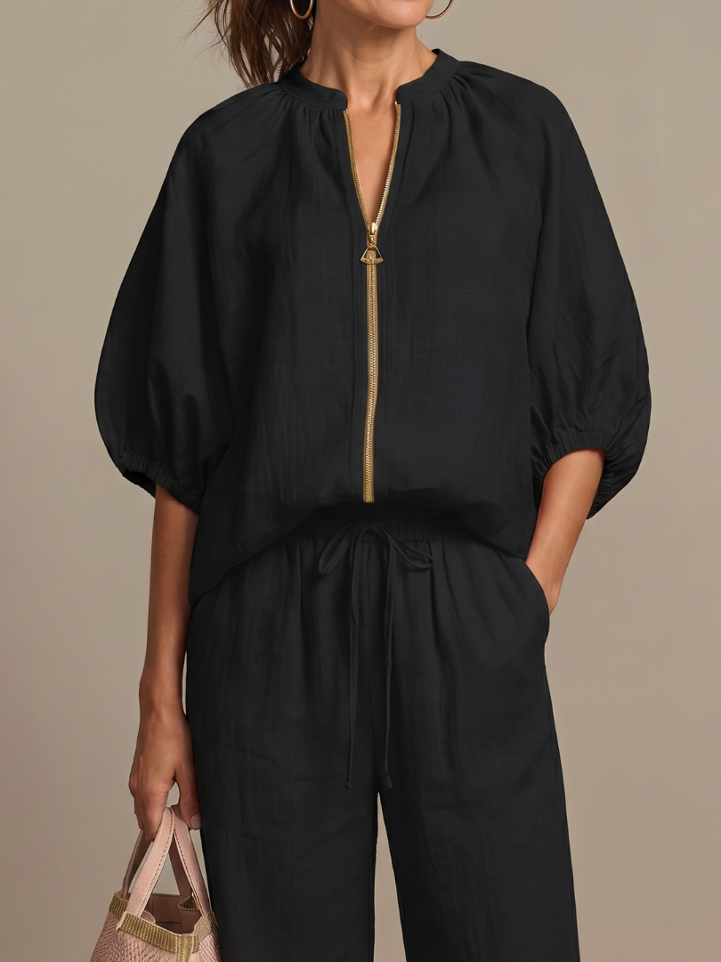 Natalia | Zip Blouson Top and Wide-Leg Trousers