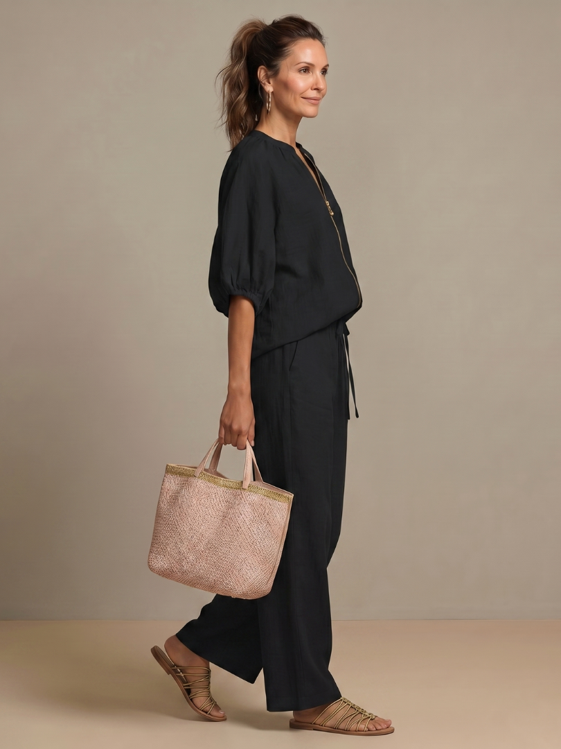 Natalia | Blouson Zip Front Top and Wide-Leg Trousers