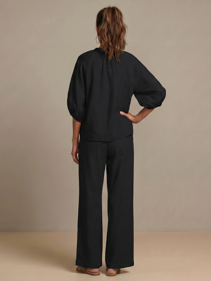 Natalia | Blouson Zip Front Top and Wide-Leg Trousers