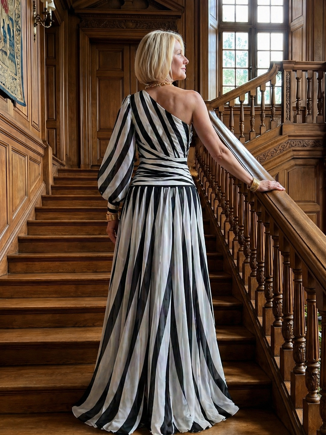 Stella & Grace™ | Elegant One-Shoulder Striped Maxi Dress