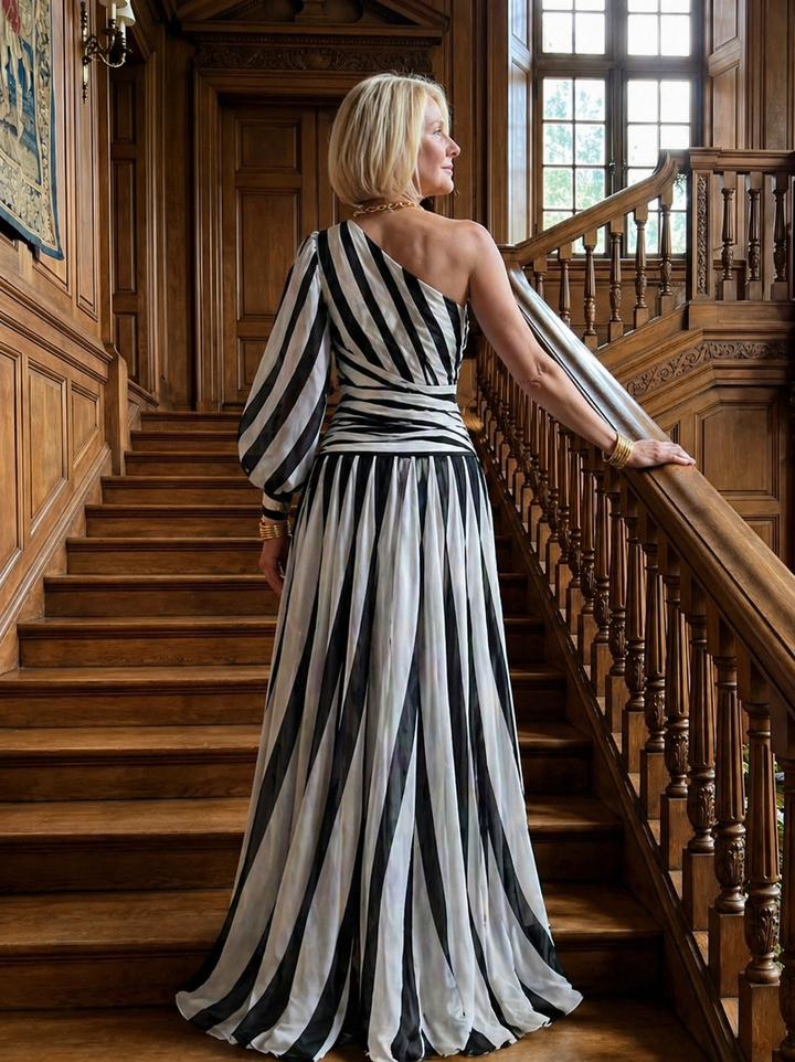 Stella & Grace™ | Elegant One-Shoulder Striped Maxi Dress