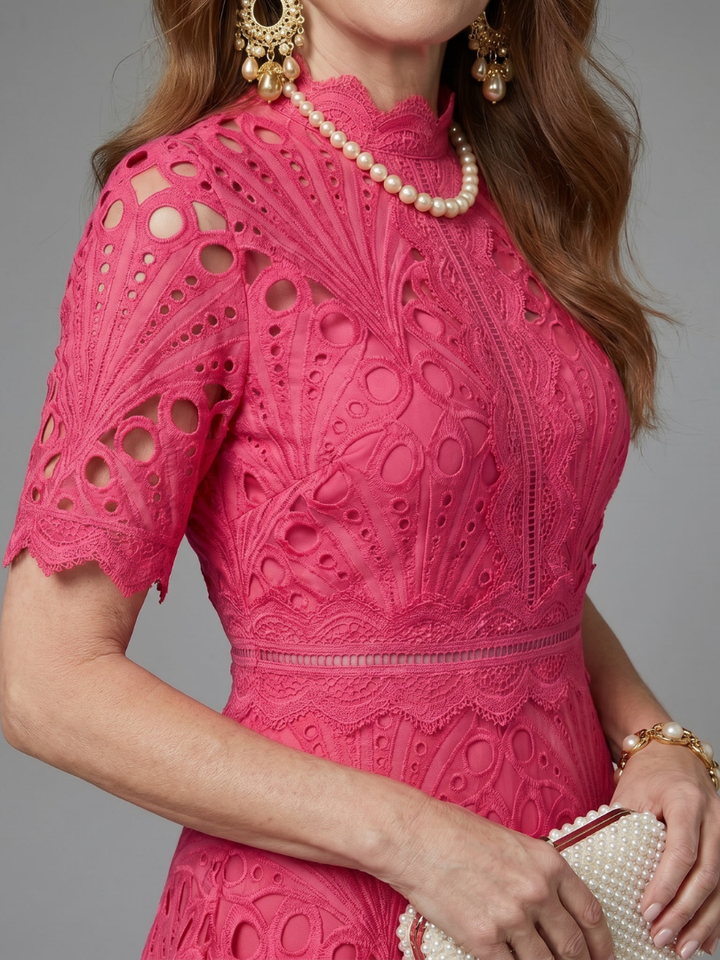 Juno | Short-Sleeve Fitted Eyelet Lace Midi Dress