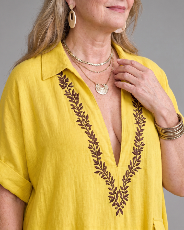 Elakeja | Relaxed Midi Dress with Pocket Detail and Embroidered V-Neck