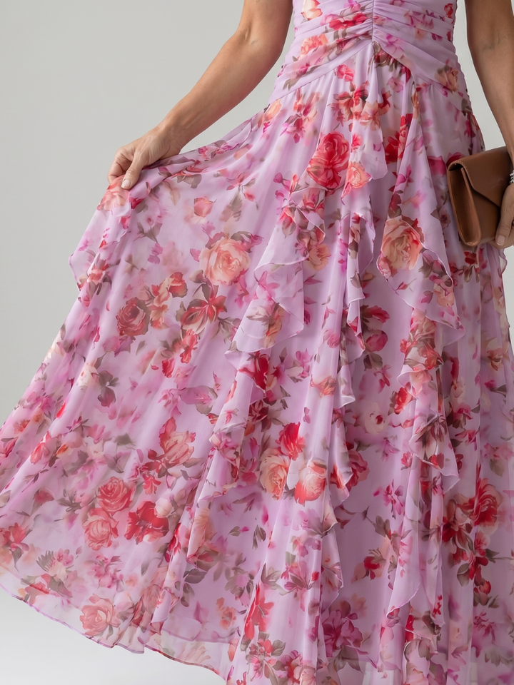 Nori | Floral Maxi Dress with Gathered Bodice and Halter Neck