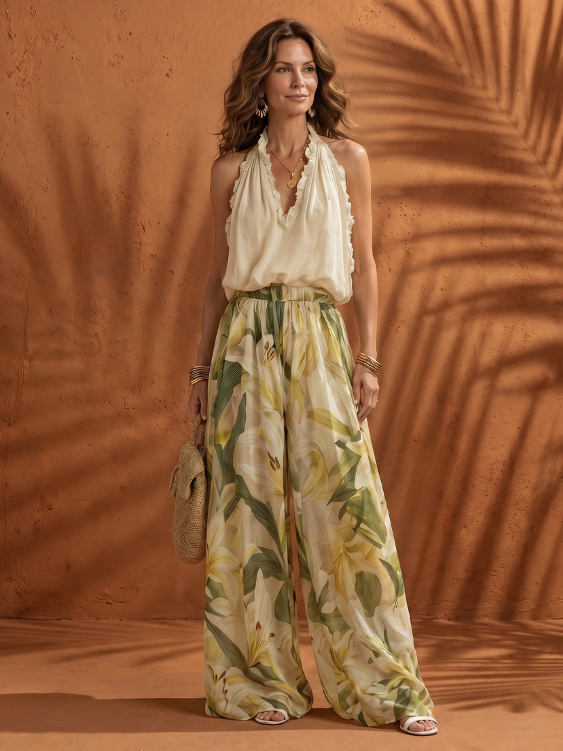 Solange | Halter Neck Blouse with Floral Wide-Leg Trousers