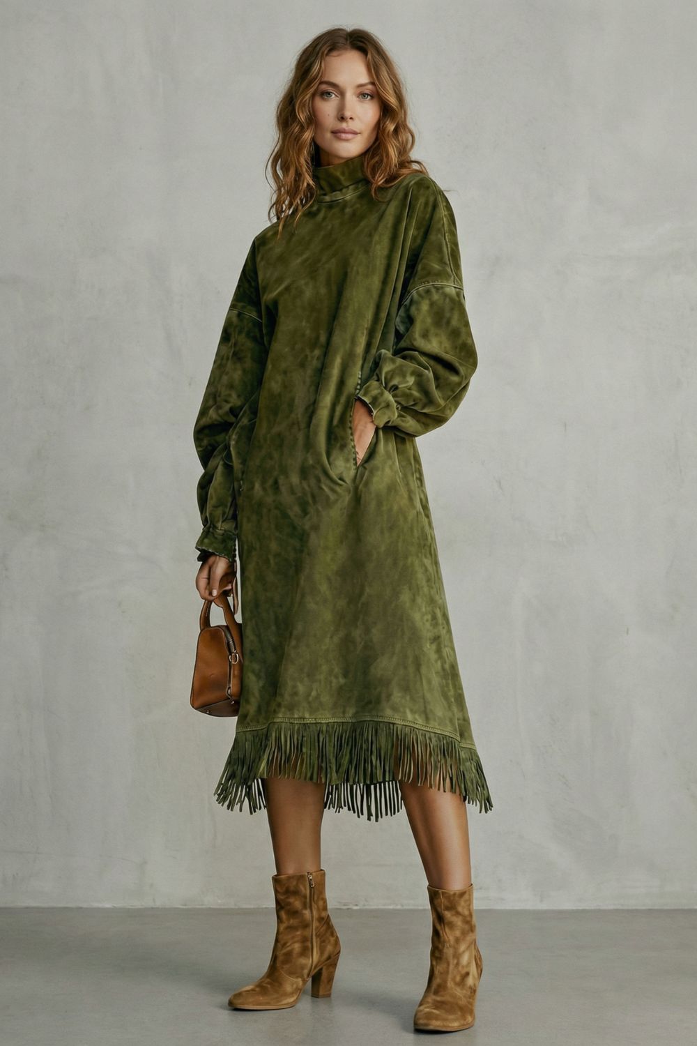 Valdrina – Suede fringe detail – Midi turtleneck dress