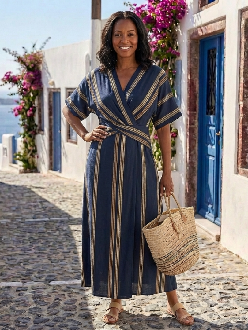 Saphira | Short-Sleeve V-Neck Striped Wrap Midi Dress