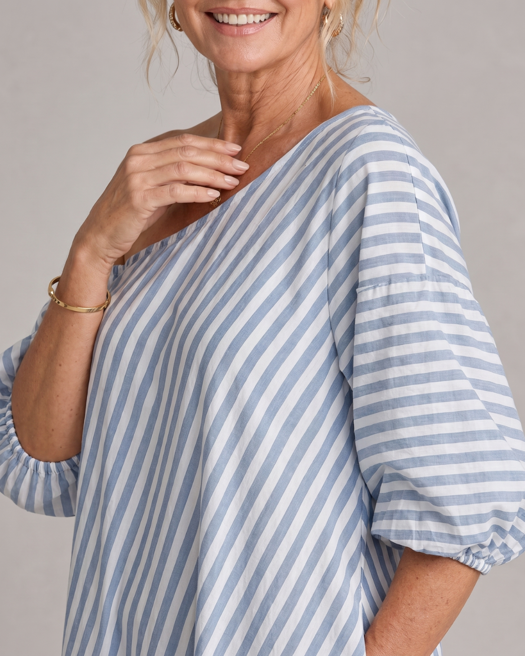 Zamrina | Striped Midi Dress with Off-Shoulder Ruffle Sleeves