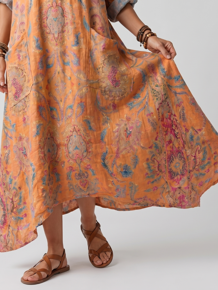 Bronte | Notch Neck Printed Oversized Pocket Midi Dress