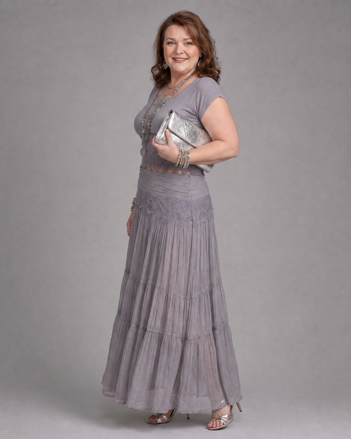 Virelune | Draped Crop Top and Pleated Maxi Skirt Set