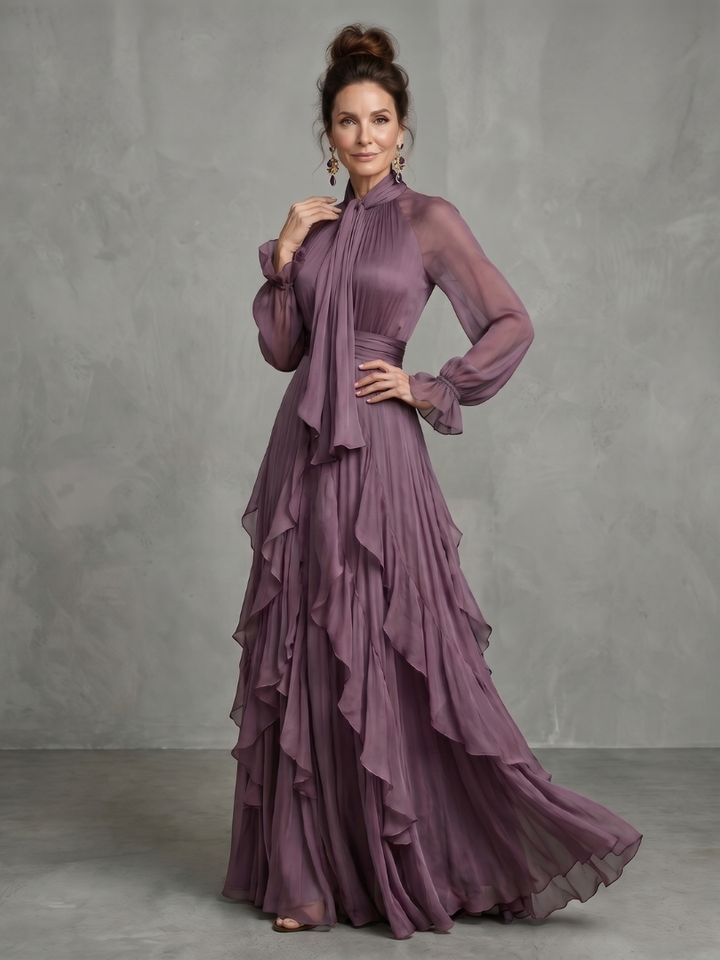 Demetria | Maxi Dress with Bow Collar and Tiered Stripes