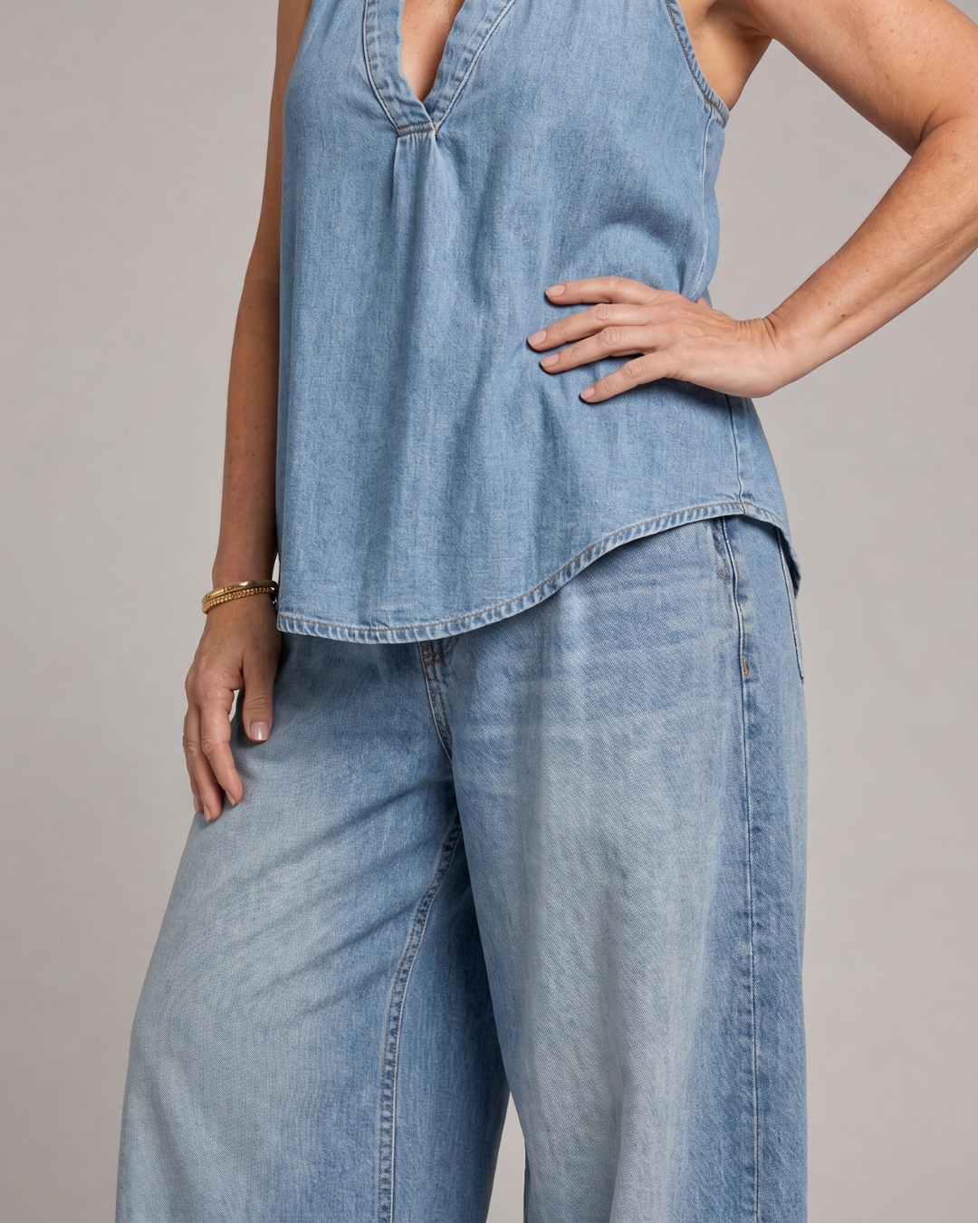 Zorelle | Denim Halter Neck Top and Wide-Leg Trousers