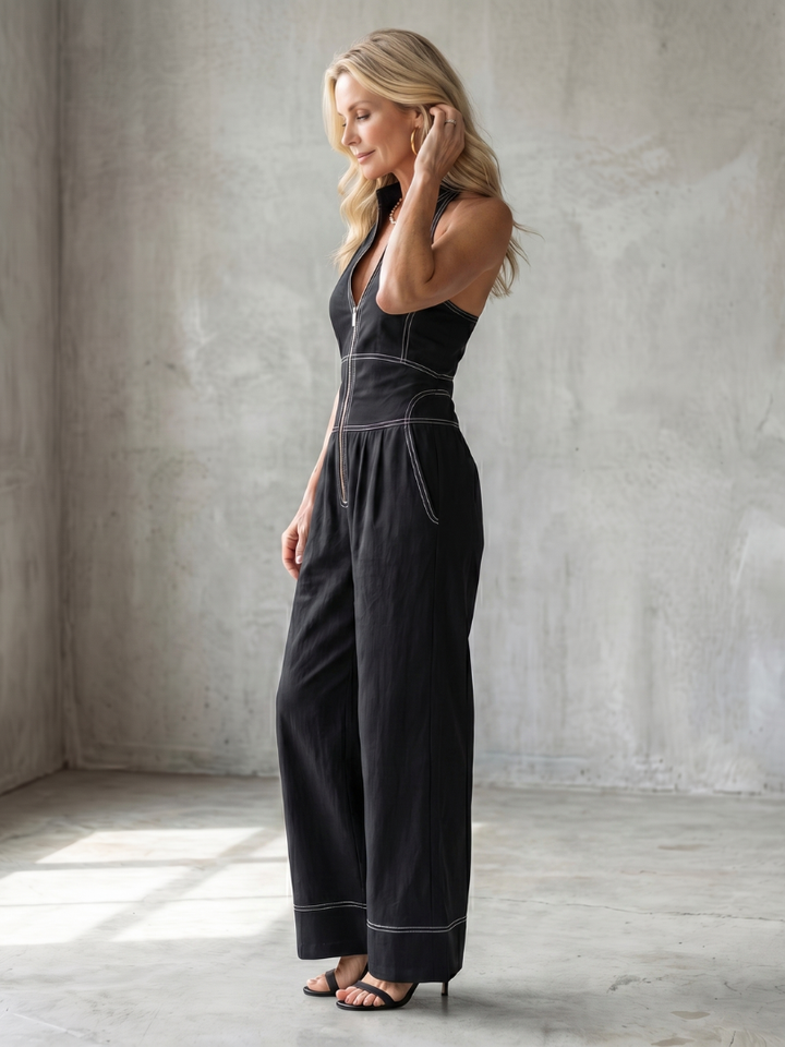 Dara | Front Zip Wide-Leg Jumpsuit with Contrast Stitching