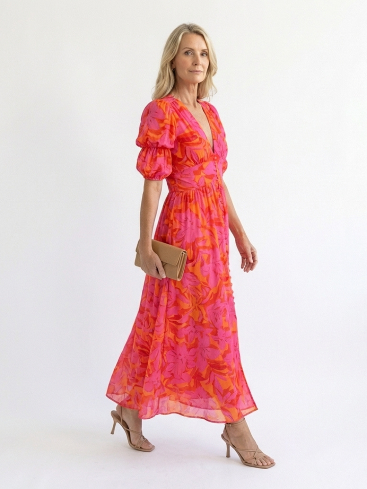 Stella & Grace™ | Viscose Balloon-Sleeve Floral Print Midi Dress