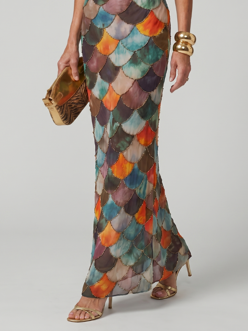 Larkin | Fitted Multicolour Scale Print Maxi Dress