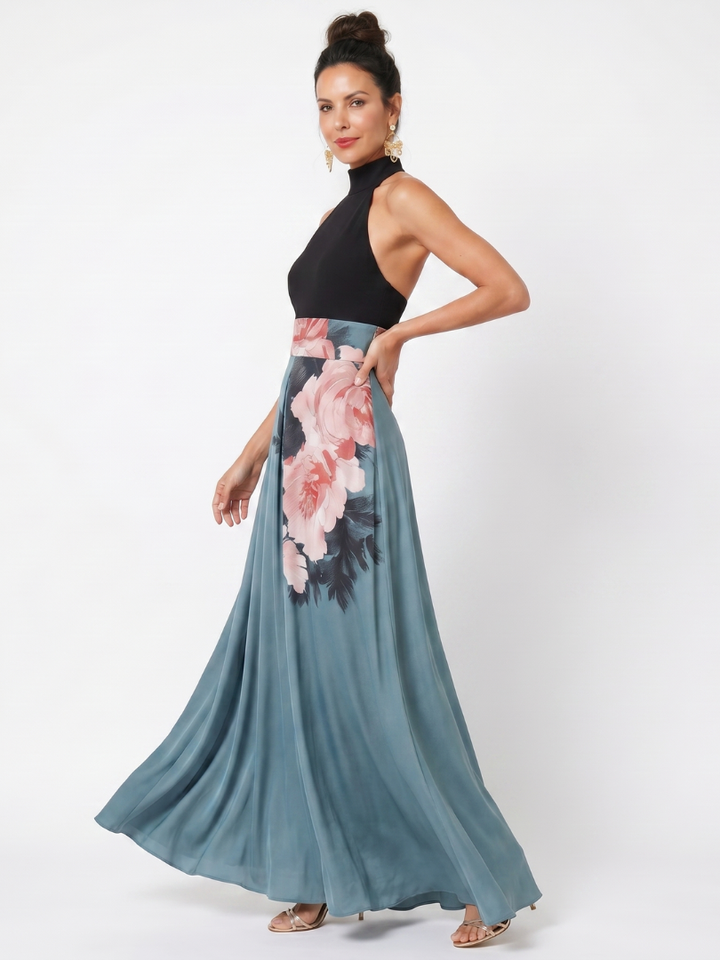 Olympas | Maxi Dress with Halter Bodice and Floral Skirt